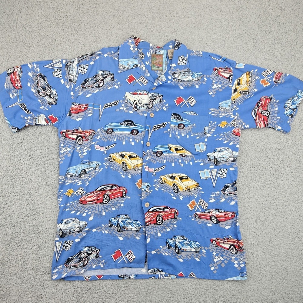 Vintage Island Collection Shirt Mens Large Blue Car Print Aloha Hawaiian 90s